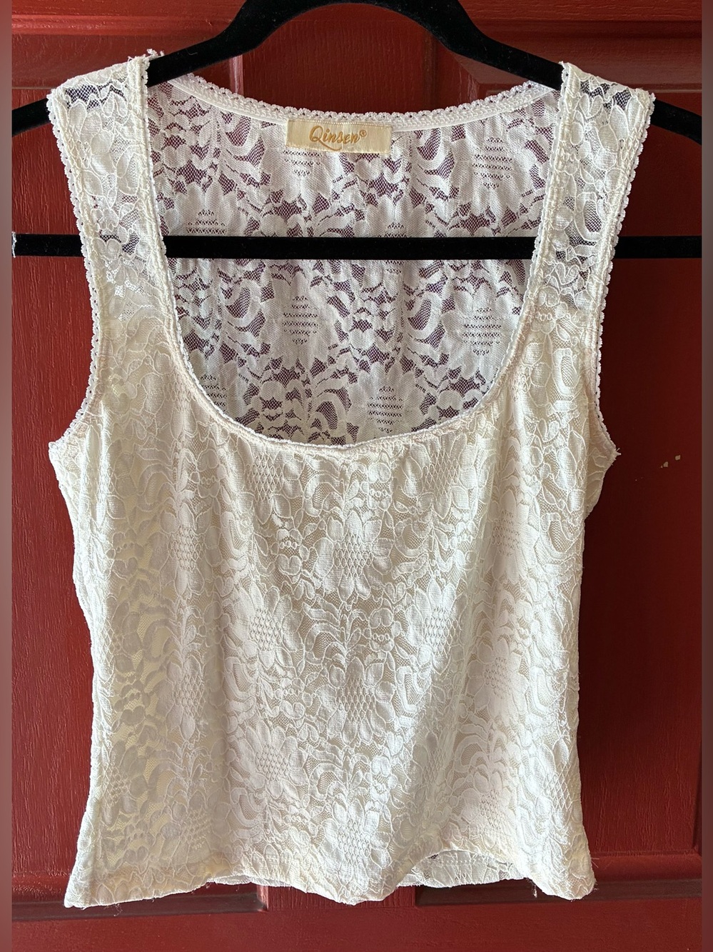 Qinsen Ivory Floral Lace Sleeveless Tank Top Size Large Stretch